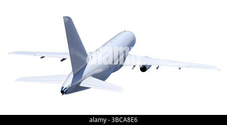 White passenger airplane flying on transparent background 3d Stock Photo