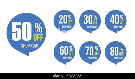 Blue Discount Bubble  Promotional Labels for Online and Retail Sales Discount Tags 20% 30% 40% 50% 60% 70%to 80% OFF Sale Labels for Promotions Market Stock Vector