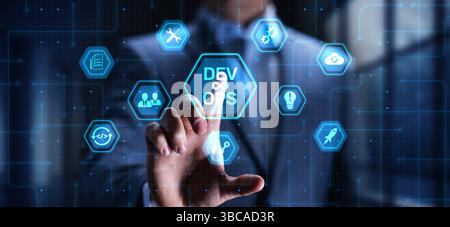 DevOps Development and Operations Integration for Efficient Delivery, projection on a virtual screen, Business and Technology Concept. Stock Photo