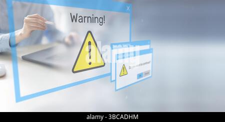 Security Warning Notifications Displayed on Digital Interface with Risk Alert Symbols. Stock Photo
