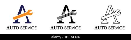 Auto Service Logo with Wrench and Letter A – Mechanic Shop Branding Icons Stock Vector