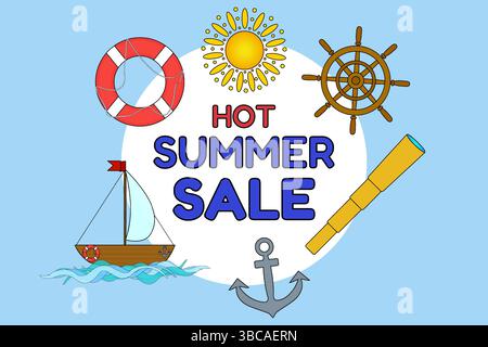 Hot Summer Sale Nautical Illustration with Sailboat, Anchor, Lifebuoy, Sun, Ship Wheel, spyglass. For summertime promotion, social media banner, onlin Stock Vector