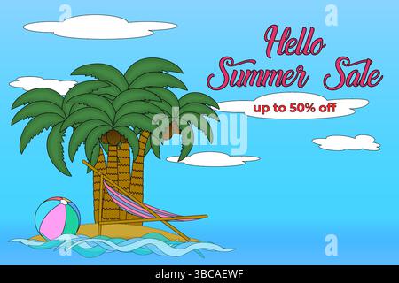 Hello Summer Sale Banner with Palm Trees, Hammock, Beach Ball, and Ocean Waves on Blue Sky Background. For summertime seasonal promotion, social media Stock Vector