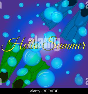 Hello Summer Underwater greeting card vector Illustration with Diving Fins and Bubbles on Vibrant Gradient Background. Ideal for holiday and vacation Stock Vector