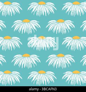 Blue pattern with Chamomiles flowers, wall decor with hand drawn sketch chamomile flower bud. . Vector illustration Stock Vector