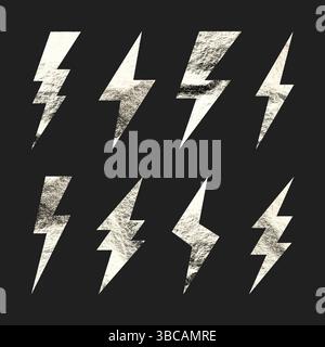 Silver lightning bolt icons collection. Gold foil texture. Flash symbol ...