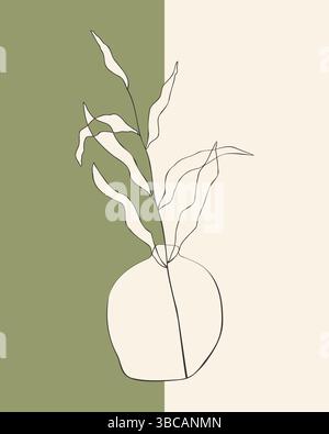 Wall decor vase with branch with leaves, dualism, boho style, two halves, green and beige cream colors. Minimalism linear art. Interior design. Vector Stock Vector