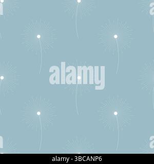 Light blue pattern with flying dandelion seeds. Fluffy dandelion. White fluffy silhouette on blue background. Textile. Vector illustration Stock Vector