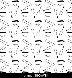 Eyes, mascara Seamless pattern. Vector graphic line illustration. Black and white cosmetic makeup art. Banner, poster, wrapping paper, sticker, print, Stock Vector