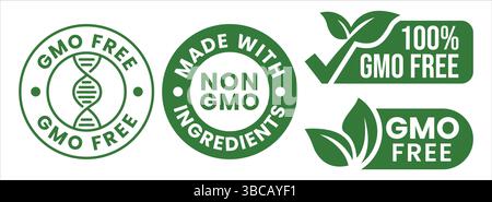 GMO free icon set. Non GMO label. No added or artificial chemicals logo, label, badge, sticker, symbol, emblem, stamp, line, vector, Stock Vector