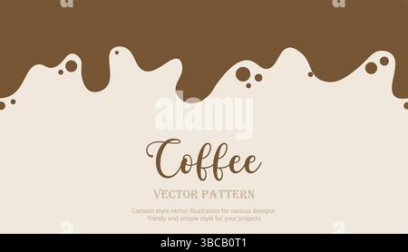 Liquid coffee background. Flat style dripping coffee flat style vector illustration. Dark espresso coffee, cocoa or hot chocolate liquid with drops Stock Vector