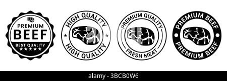 High quality beef meat icon set. High quality beef meat circle logo, badge, sticker, symbol, emblem, stamp, line, vector, isolated illustration. Stock Vector