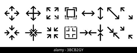 Large big screen display icon set. Compact, scalability, arrow mark, full screen, display screen size inch, Minimize and maximize, Stock Vector