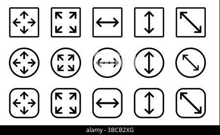 Large big screen display icon set. Compact, scalability, arrow mark, full screen, display screen size inch, Minimize and maximize, Stock Vector