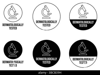 Set dermatologically tested vector label with water drop, leaf and hand logo. Dermatology test and dermatologist clinically proven icon for allergy Stock Vector