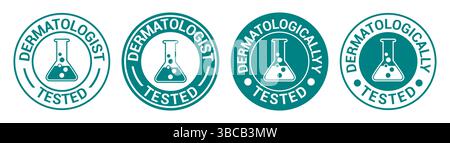 Set dermatologically tested vector label with water drop, leaf and hand logo. Dermatology test and dermatologist clinically proven icon for allergy Stock Vector