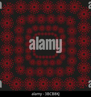 Red floral border. Ornament square frame. Abstract blossom vector. Black background contrast. Stock Vector