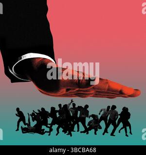 Large hand making pressure over group of small, silhouetted figures. Oppressions, manipulation. Contemporary art collage. Stock Photo