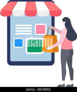 Vector illustration of a woman shopping through a smartphone interface designed like a storefront Stock Vector