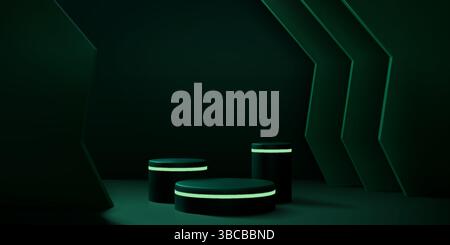 Green podium. 3D product display round platform in black dark stage. Futuristic cylinder pedestal render in technology neon light. Studio showcase. Abstract show stand. Vector exhibition background Stock Vector