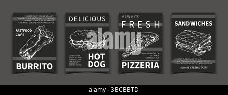 Sandwich sketch. Food doodle poster. Fastfood cafe. Fresh burrito and hotdog black engraving. Pizzeria delivery. Restaurant flyer design template. Blackboard dining menu. Vector lunch meal banners set Stock Vector