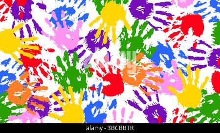 Hand palms paint imprints seamless pattern. Colorful arm messy stamps. Human handprints. Kids fun friendship. Repeated print. Ink fingerprint stains. Happy children game. Vector abstract background Stock Vector