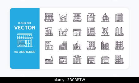 City icons. Line stroke building. School and hotel. Town government and business factory. Urban downtown. Midtown district. Bank or hospital. Apartments architecture. Real estate. Vector symbols set Stock Vector