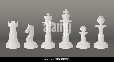 Chess piece. 3d white king, queen on board or pawn, chessboard figures. Success game mate, team checkmate. Render glossy isolated objects. Sport strategy intellectual tactic game. Vector background Stock Vector