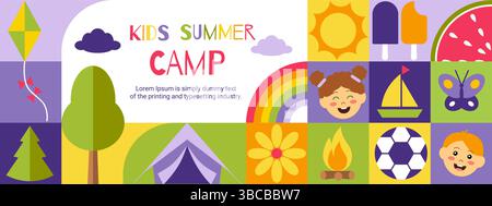 Summer camp. School camping poster. Geometric flyer with sport play and outdoor games. Child education. Scout hiking travel with tent and backpack. Fun children holidays. Vector collage background Stock Vector