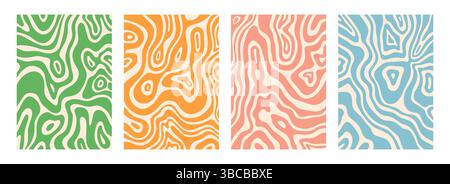 Psychedelic pattern. Wave swirl texture. Line trippy or wavy disco design. Groovy ornament. Funky liquid ripple. Distorted shapes. Y2K surreal backdrop. Hallucinogen splash. Vector backgrounds set Stock Vector