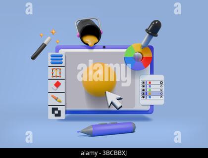 Graphic design tools. 3D tablet icon. Illustrator create UX UI web desk. Professional webdesign interface. Computer screen cursor or pen. Website designer. Paint software customization. Vector concept Stock Vector