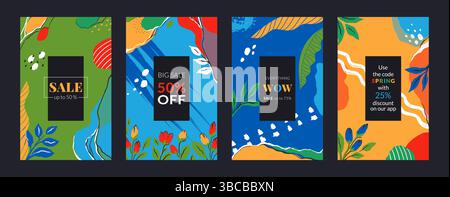 Sale background. Abstract banner. Discount special offer, bright colorful hand drawn elements and botanical natural forms. Shopping vertical template design. Promotional vector illustration collection Stock Vector