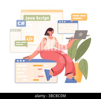 PC work. Computer programmer character. Browser windows. Web software. Programming script. Developer sitting on website cyber frame with laptop. Network technology. Backend java coders vector concept Stock Vector