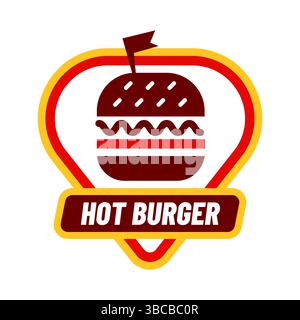 Burger fastfood logotype. Label or emblem for cafe or restaurant. Cheeseburger or hamburger delivery. Sale promotion sticker. Fast food logo dinner marketing badge. Vector simple isolated illustration Stock Vector
