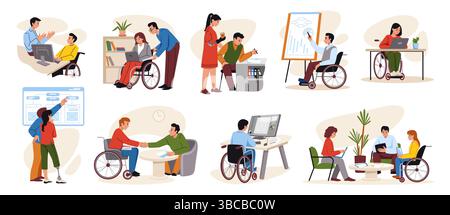 Disable people work. Diverse business team. Inclusive person character. Handicapped man on wheelchair sitting at computer. Woman with prosthesis presenting project. Office employee. Vector cartoon set Stock Vector