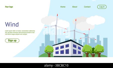 Power plant landing page. Windmill generator. Renewable green energy of wind. Electricity generation. Website design template. Alternative clean resource. Eco powerhouse technology. Vector background Stock Vector