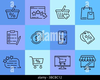 Commerce icons. Shopping symbols. Supermarket cart and basket. Online store sign. Sale price. Express delivery. Payment money. Shop discount. Offer gift. Customer feedback. Vector line pictograms set Stock Vector