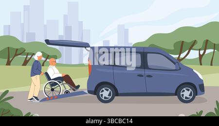 Disabled people use car. Woman helping to man boarding into automobile. Elderly couple loading in auto van. Transport vehicle for old people who needs special hospital support. Vector illustration Stock Vector
