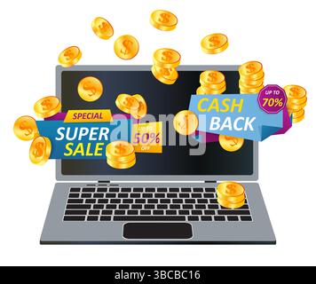 Cashback label. Super sale. Laptop screen. Golden coins. Cash money. Finance back. Online shopping. Store discount. Special offer bonus. Finance return of purchases. Vector marketing promotion banner Stock Vector