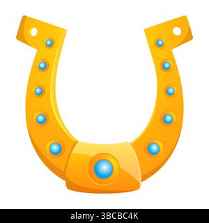 Horseshoe golden with blue gemstones. Good luck symbol. Gild horse shoe, precious gem. Blacksmith fortune amulet or talisman. Animal foot. Cowboy ranch. Horsey rodeo emblem. Vector icon Stock Vector