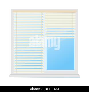 Blind window. Plastic roller curtain. White striped jalousie. Closed glass shutters. Home room. Architecture construction. House windowsill decor. Horizontal clear louvers. Vector interior element Stock Vector