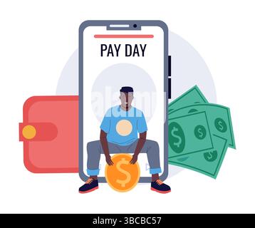 People with coins. Pay day. Man waiting salary. Wage for working. Employee holding money banknotes and wallet. Payoff date. Smartphone app. Organizer memo reminder. Financial profit. Vector concept Stock Vector