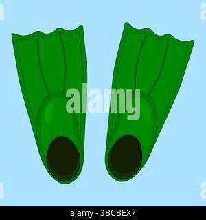 Summer vector illustration of green swim fins or flippers on blue background. Diving and snorkeling equipment for underwater exploration. For summerti Stock Vector