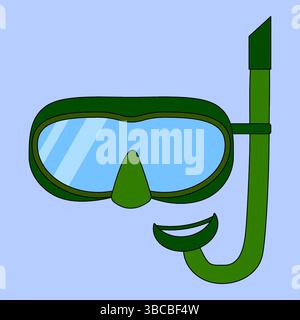 Illustration of green snorkel and diving mask on blue background. Snorkeling gear vector for summer and underwater activities. For summertime, maritim Stock Vector