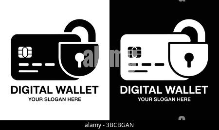 Bold black logo featuring a card and lock icon designed for digital wallet brands fintech apps and businesses focused on payment protection and secure Stock Vector