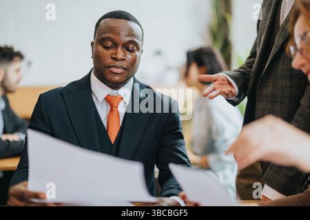 Business meeting in a collaborative co working cafe environment featuring diverse people reviewing documents and discussing strategies. Stock Photo