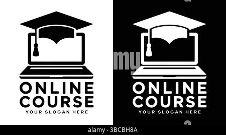A professional black logo merging a laptop with graduation cap symbolizing digital learning and academic achievement Perfect for online courses univer Stock Vector