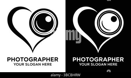 A striking black logo combining a heart and camera lens representing romance and photography Perfect for wedding photographers love story filmmakers a Stock Vector