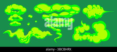 Fluorescent green smoke cloud and gas shape collection on green background, cartoon style. Gas shape and smoke cloud illustration. Great for comics Stock Vector