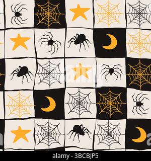 Seamless Halloween Pattern with Spider Web, Stars and Moon in Hand Drawn Style. Doodle arachnid web perfect for cards, party invitations, web, fashion Stock Vector